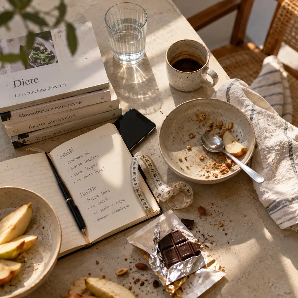 Un diario alimentare aperto con le note di due giorni di dieta, accanto a una tavoletta di cioccolato scartata, un metro da sarta e una pila di libri sulle diete