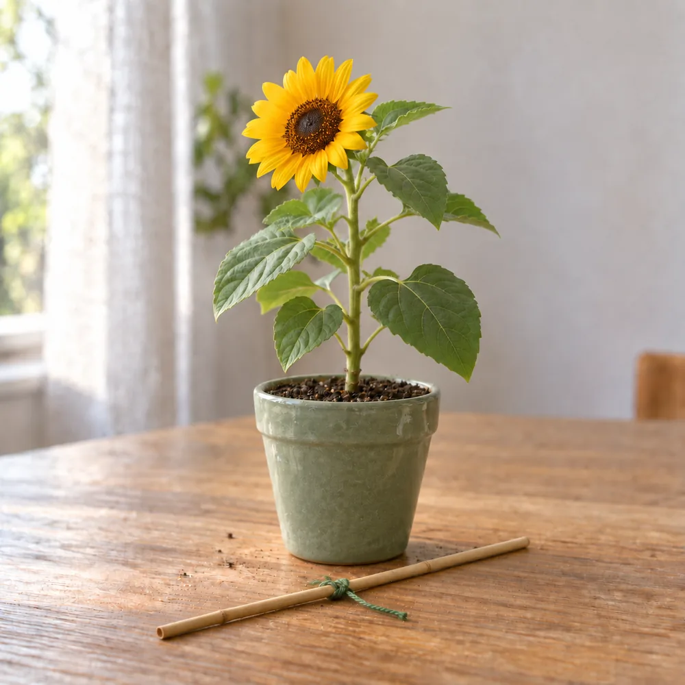 Un girasole in vaso che sta dritto da solo, con il tutore di bambù tolto e appoggiato sul tavolo