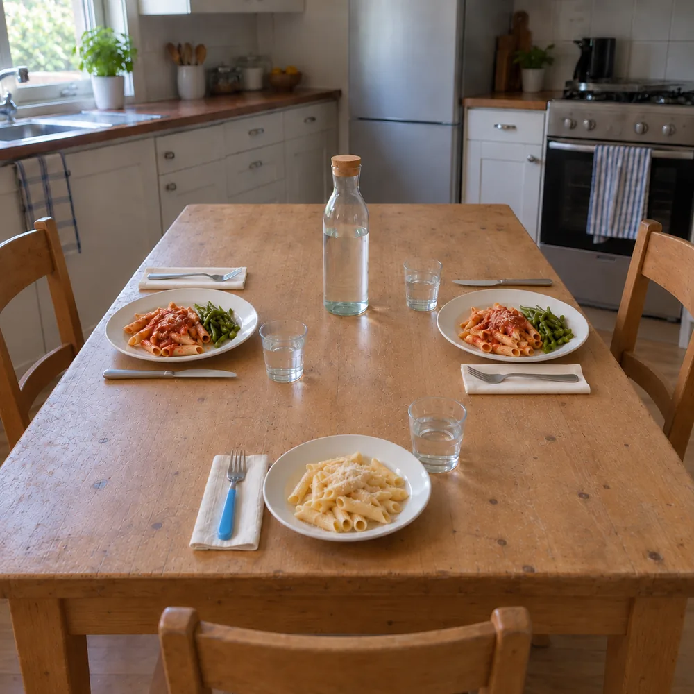 Una tavola di casa apparecchiata per tre: due piatti di pasta al pomodoro con fagiolini e, al posto del bambino, un piatto di pasta in bianco