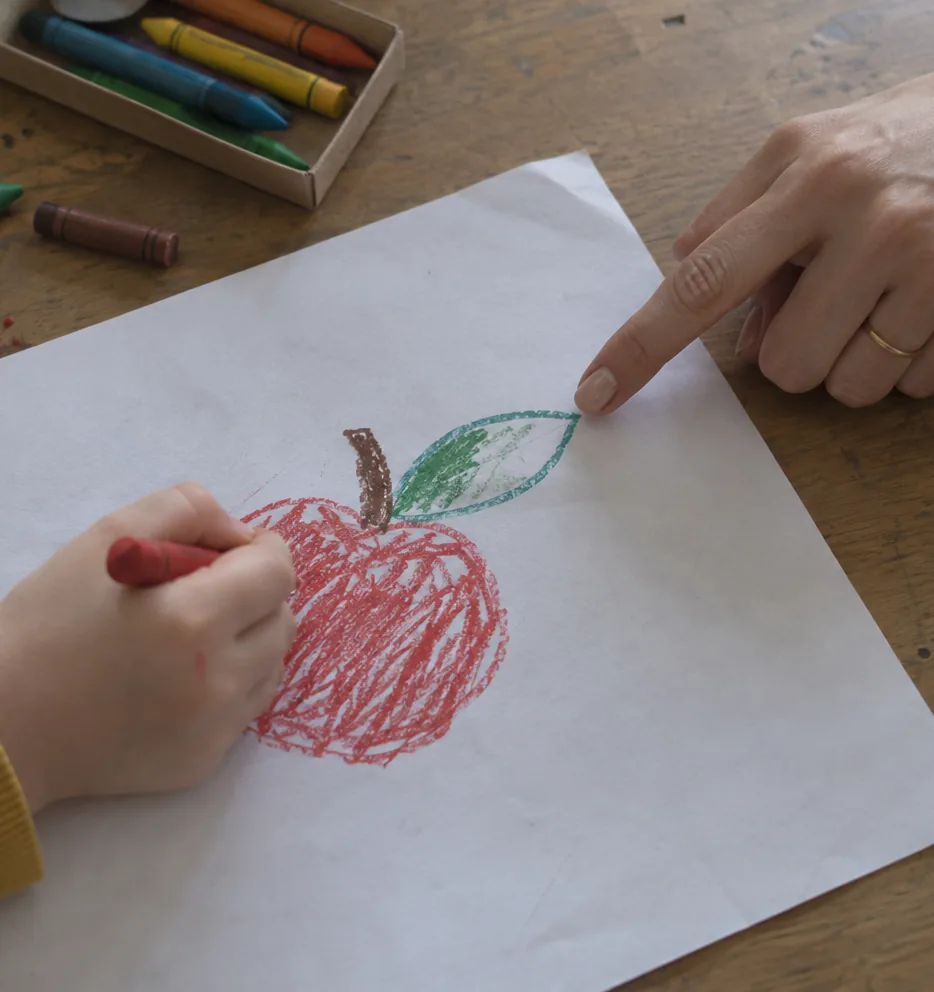 La mano di un bambino disegna una mela e la nutrizionista indica la foglia