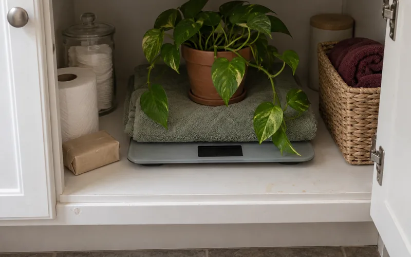 Una bilancia pesapersone messa via in fondo al mobile del bagno, coperta da un asciugamano e una pianta